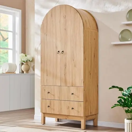 خزانة مخزن مقوسة مخددة، طول 71 بوصة مع أرفف قابلة للتعديل ودرجين، وحدة تخزين المطبخ قائمة بذاتها