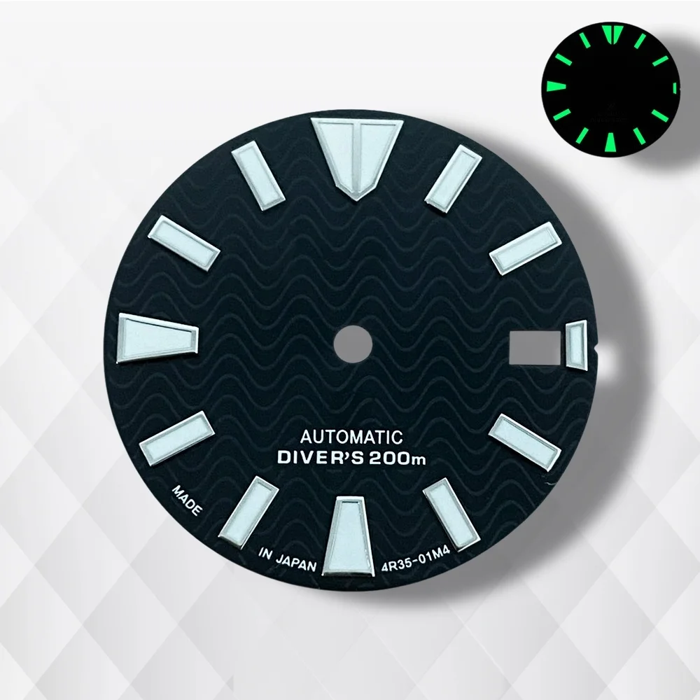 Esfera ondulada con logotipo S de 28,5mm compatible con movimiento automático NH35/NH36 C3 verde luminoso accesorios de modificación de reloj de alta calidad