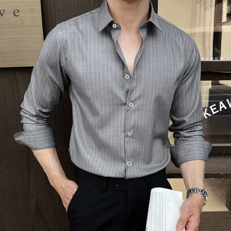 Men Striped Long Sleeve Shirt British Style Dopamine Color Premium Business Casual Top