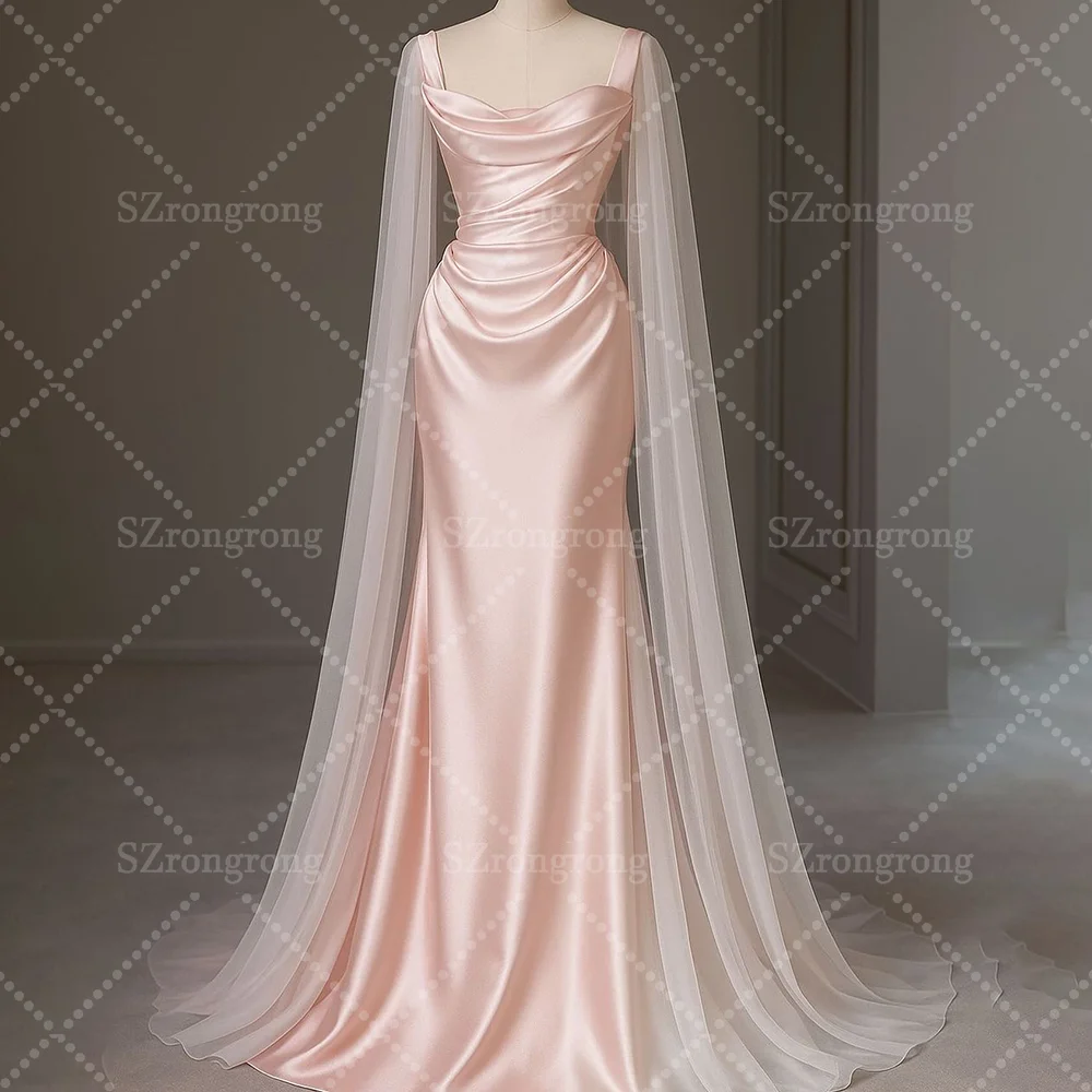 

Custom Made Wedding Dress Square Collar Satin Pleated High Quality Backless Maxi Length Jersey Long Pleated Prom Dress with Cape