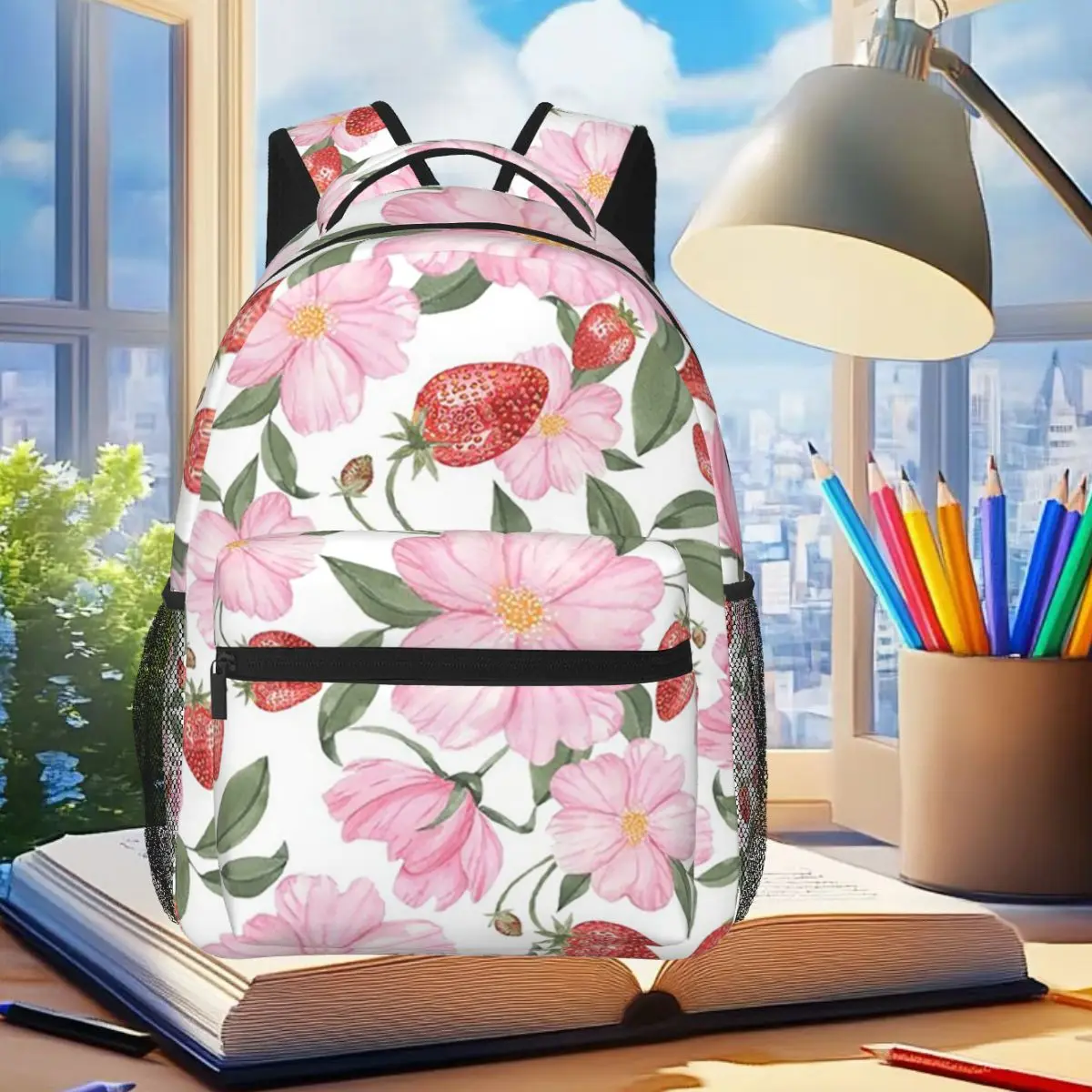 Fresh Strawberry Floral Pattern Backpack Student Boys Girls BookBag Kids School Bag Laptop Shoulder Bags for Men Women