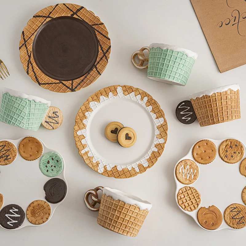 Korean Ins-Style Biscuit Pattern Ceramic Tableware, Cute Household Breakfast Coffee Mugs, Multi-Purpose Dinner Dessert Plates