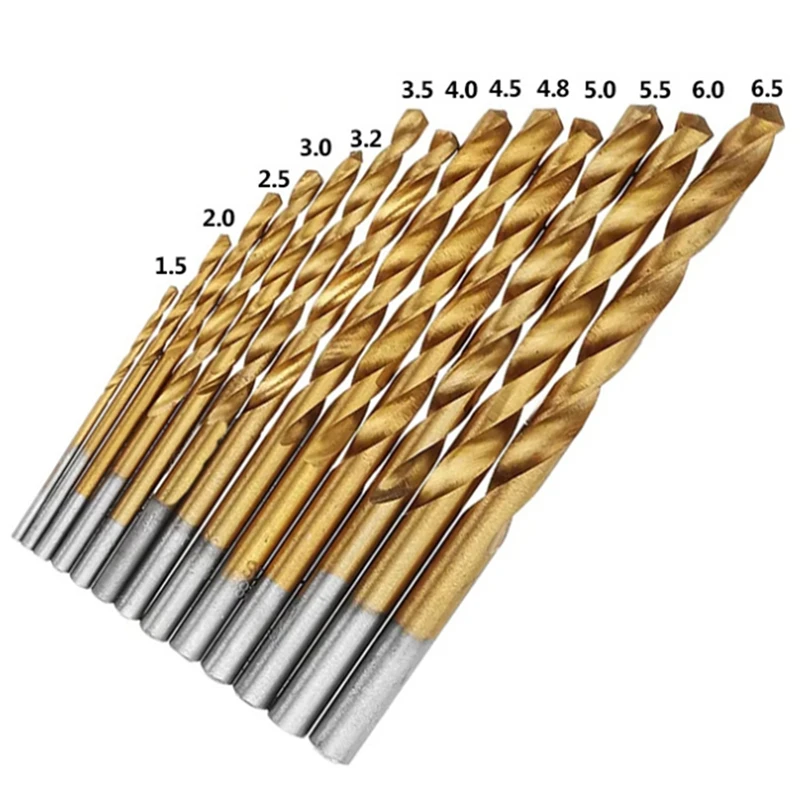 13Pc 1.5-6.5Mm Round Shank Twist Drill Bit Set Titanium Coated HSS Bit Woodworking Metal Tools