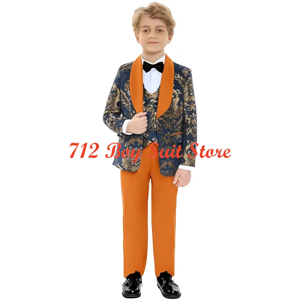 Traje Jacquard dorado para niños, conjunto de 3 piezas para boda, chaqueta ajustada, pantalones, chaleco, esmoquin, trajes formales