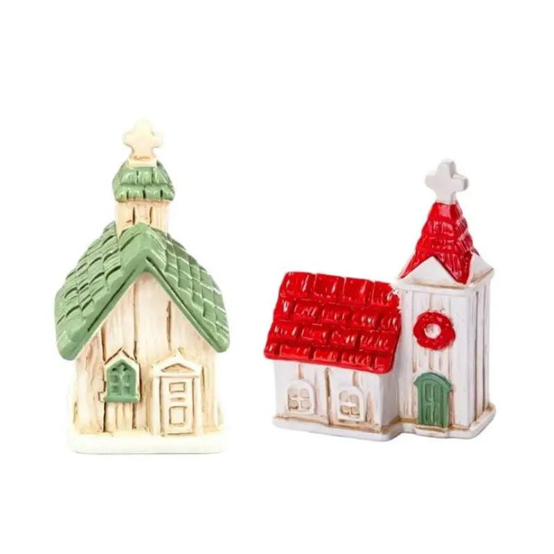 Green/Red Roof House Miniature Model Mini Resin Christmas Village Church Figurines Garden Scene Ornament Photography Prop
