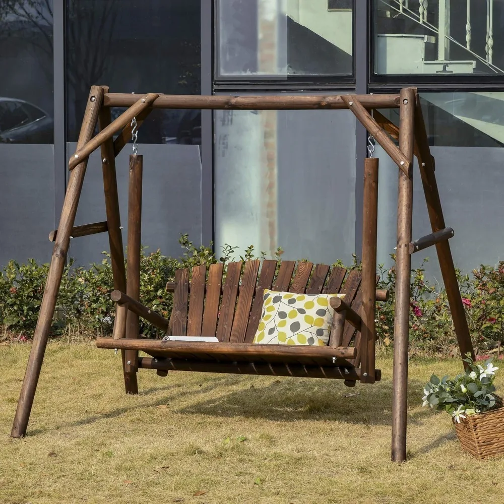 

2-Seat Outdoor Swing Set with Wooden Frame & Stand, for Patio and Garden Use