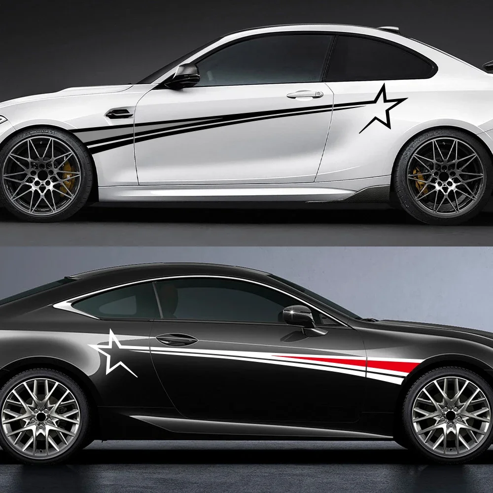 Waterproof Universal Car Sticker Red Black Star Racing Stripe Side Door Decal Vinyl Auto Body Graphic Exterior Decoration