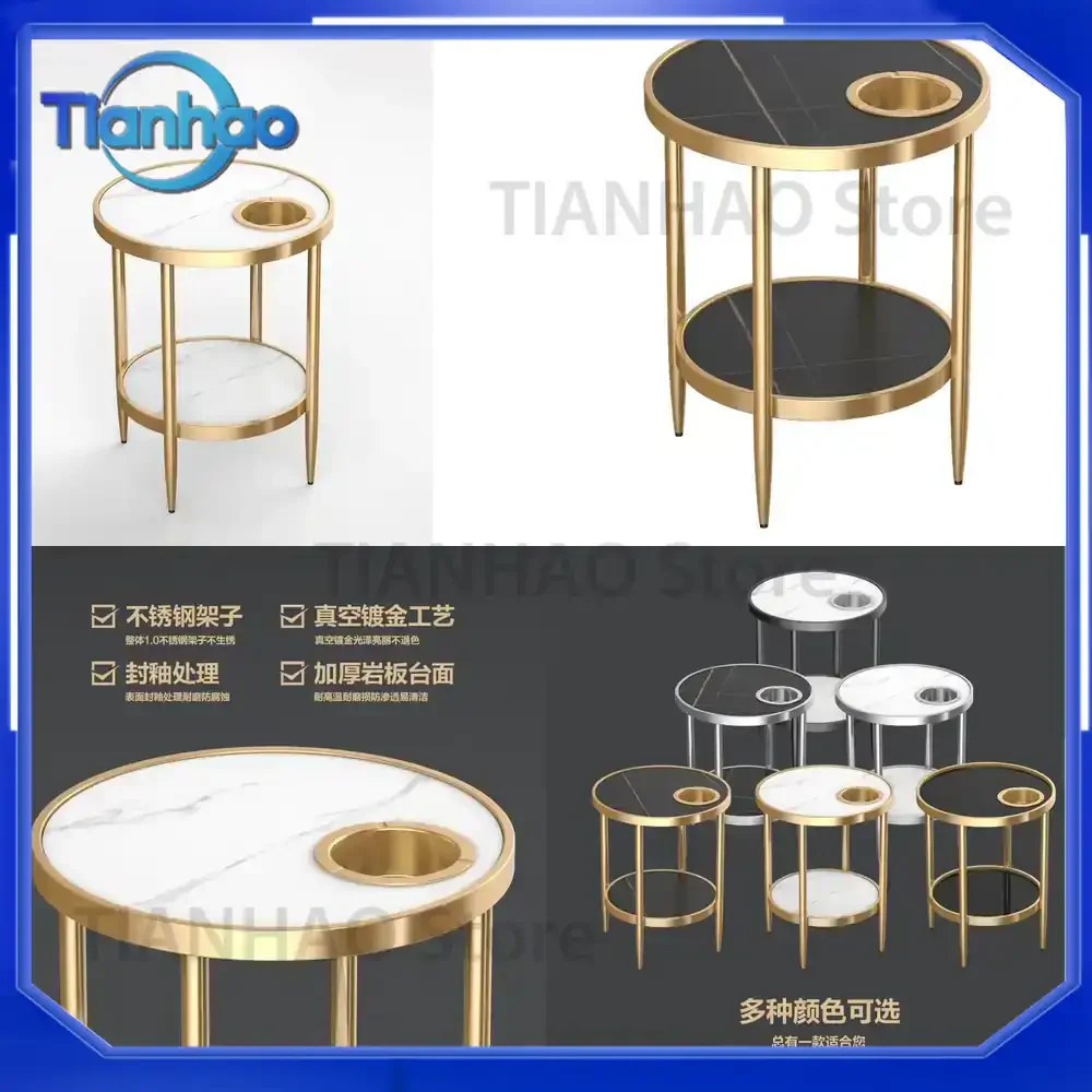 Modern Nordic Circle End Table Coffee Table with Metal Frame Sturdy Round Sofa Side Table for Living Room Marble Grain for