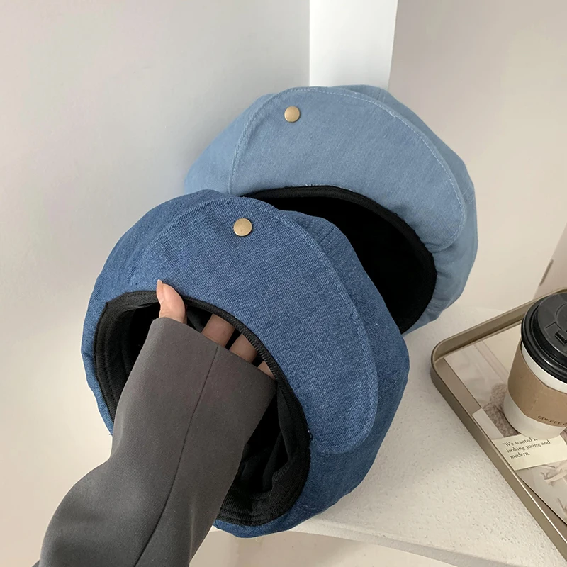 Japanese Flanged Blue Denim Berets Caps for Women Spring and Autumn Niche Design Bud Painter Hat Oversized Retro Octagonal Hats