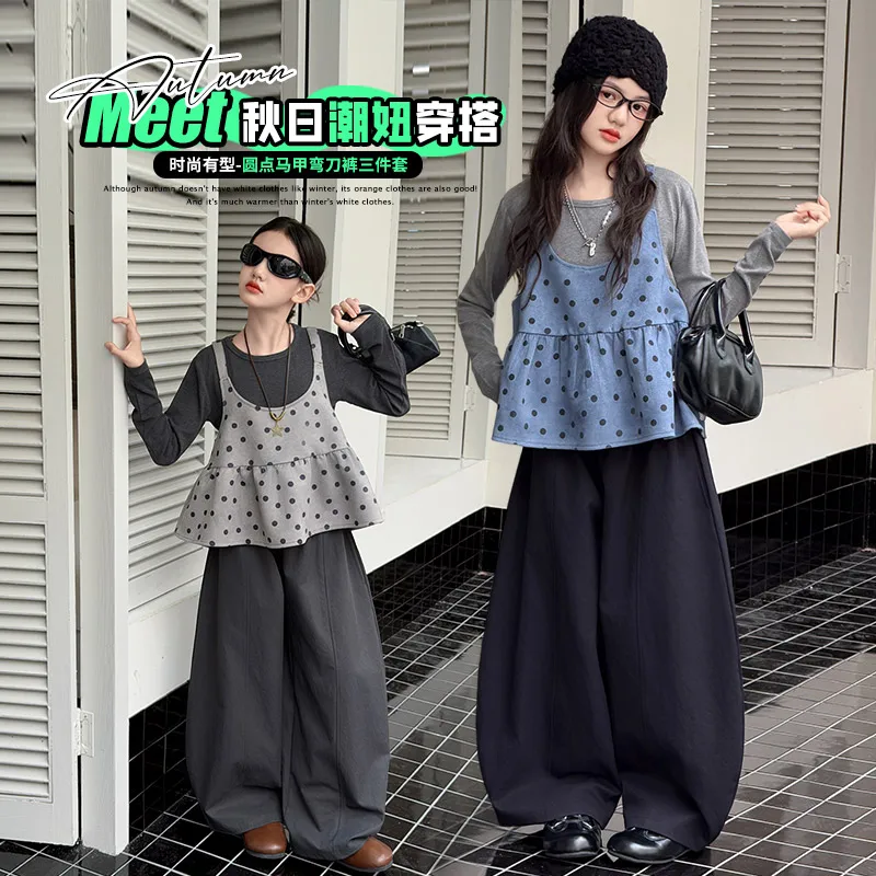 Korean Girls 3Pcs Outfits Solid Rib Long Sleeve Inner Top + Polka Dot Sling Bubble Vest+Pants Toddler Autumn Casual Clothes Sets