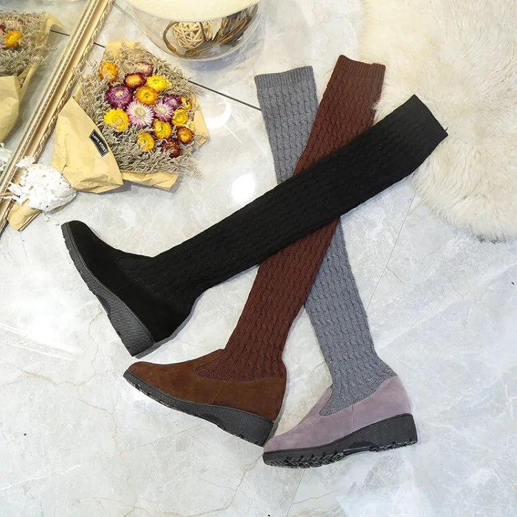 Low Heels Winter Warm Sock Boots Shoes Woman Black Gray Stretch Fabric Shoes Wool Knitting Cow Split Over-the-knee Boots Flats