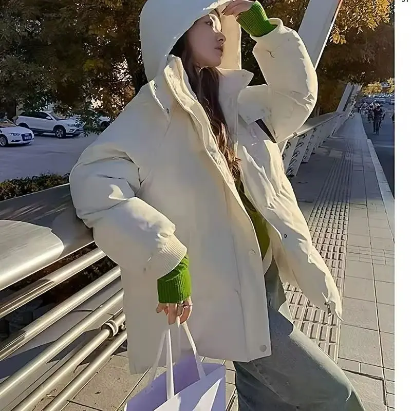 المرأة شتاء دافئ سميكة القطن وسادة مبطنة 2025 الكورية نمط فضفاض مقنعين سترة معطف طويل مع تصميم الخبز #5