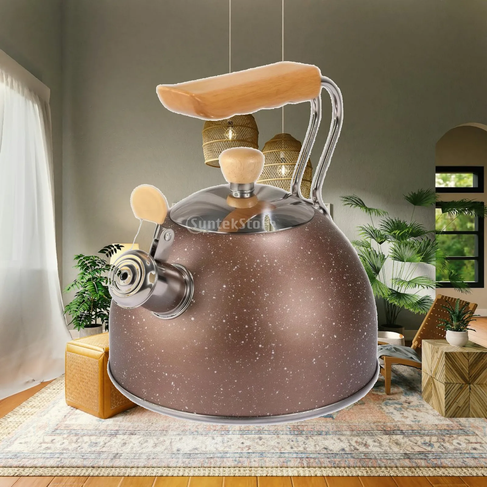 Tea Kettle with Wood-Look Grip Speckled Whistling Tea Kettle Compact Premium for Kitchen