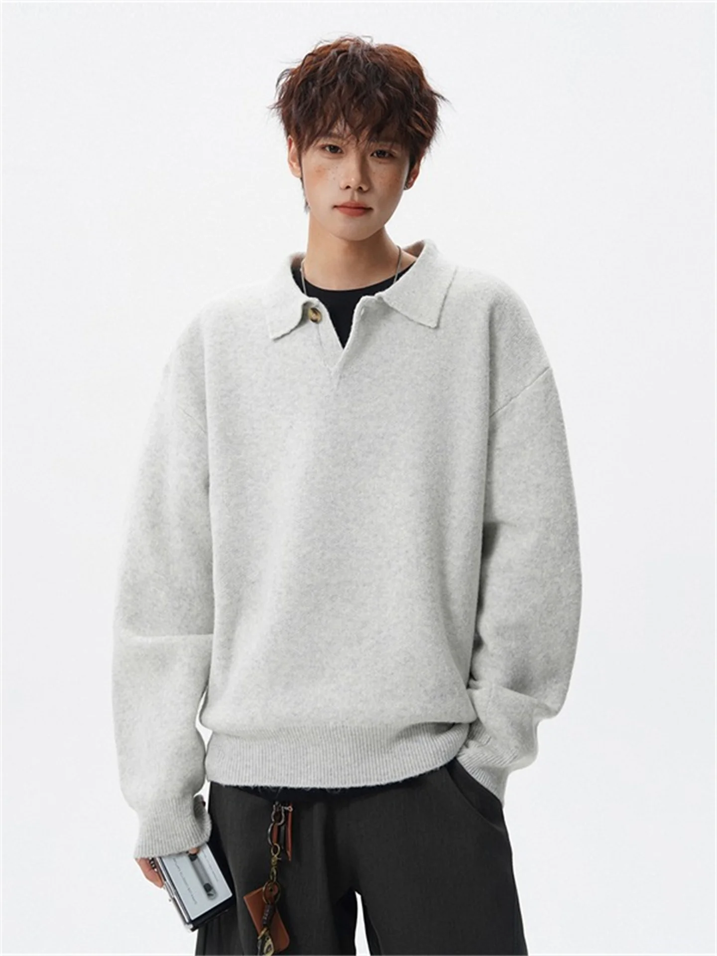 

Мужской вязаный свитер с воротником, модный брендовый, простой, в американском стиле, для отдыха, в стиле Old Money, с длинным рукавом, весенний, повседневный