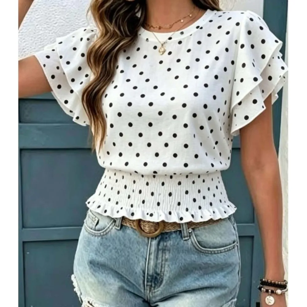 Women's Fashion Printed Polka Dot Short-sleeved T-shirt Top Summer New Casual Waist Shaping Top Female Versatile Vacation Shirt