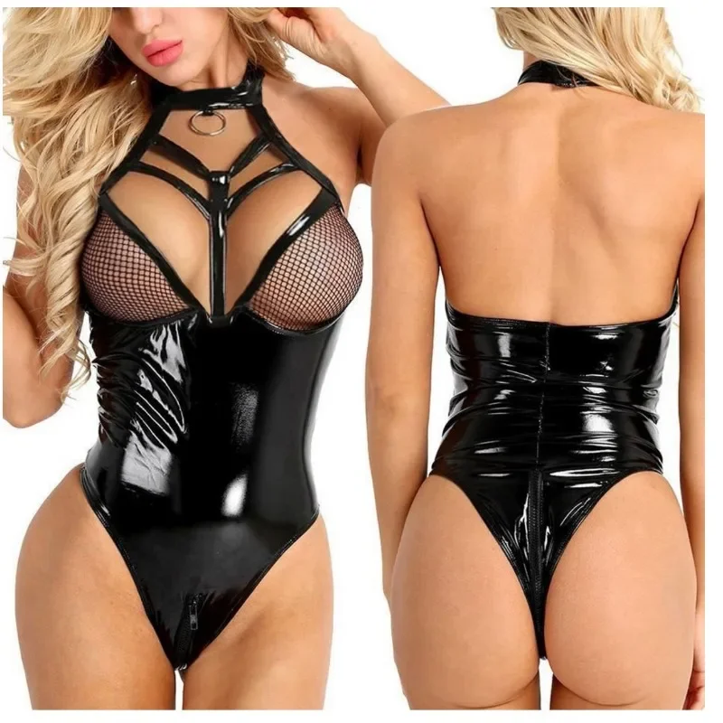 Sexy Dress Lacquer Leather Set Erotic One Piece Tie Line Beauty Clothing Lingerie Sexy  Sexy Costume Plus Size Lingerie Babydoll