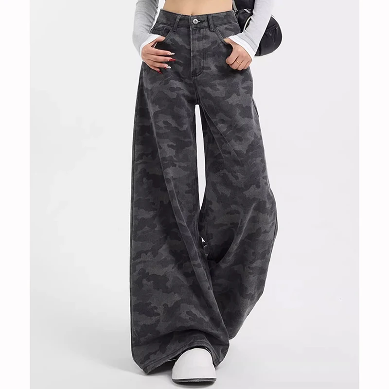 Female Retro Camouflage High Waist Jeans Women Straight Leg Casual Denim Trousers Girls Loose Fit Thin Cargo Pants
