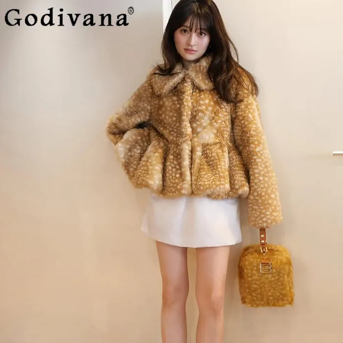 

Autumn Winter Japanese Faux Fur Jacket for Women Turn-Down Collar Printed Eco-Friendly Fur Coat Lady Fashion Short Plush Jacket