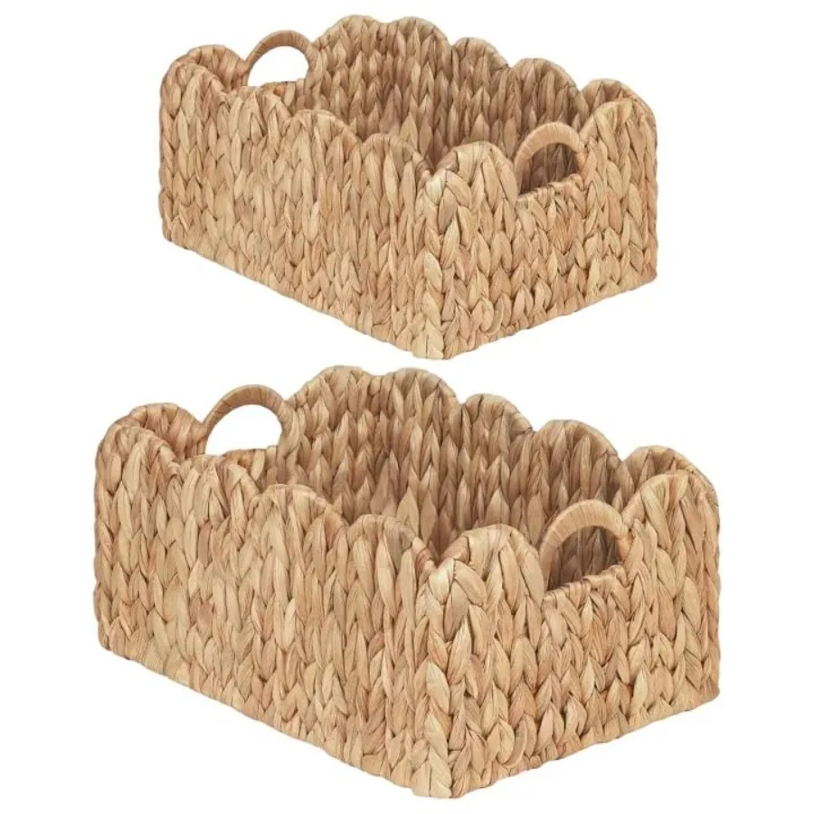 

Scalloped Wicker Basket, Set of 2 Woven Rattan Natural Water Hyacinth Baskets with Built-in Handles, Storage Baskets for Organi