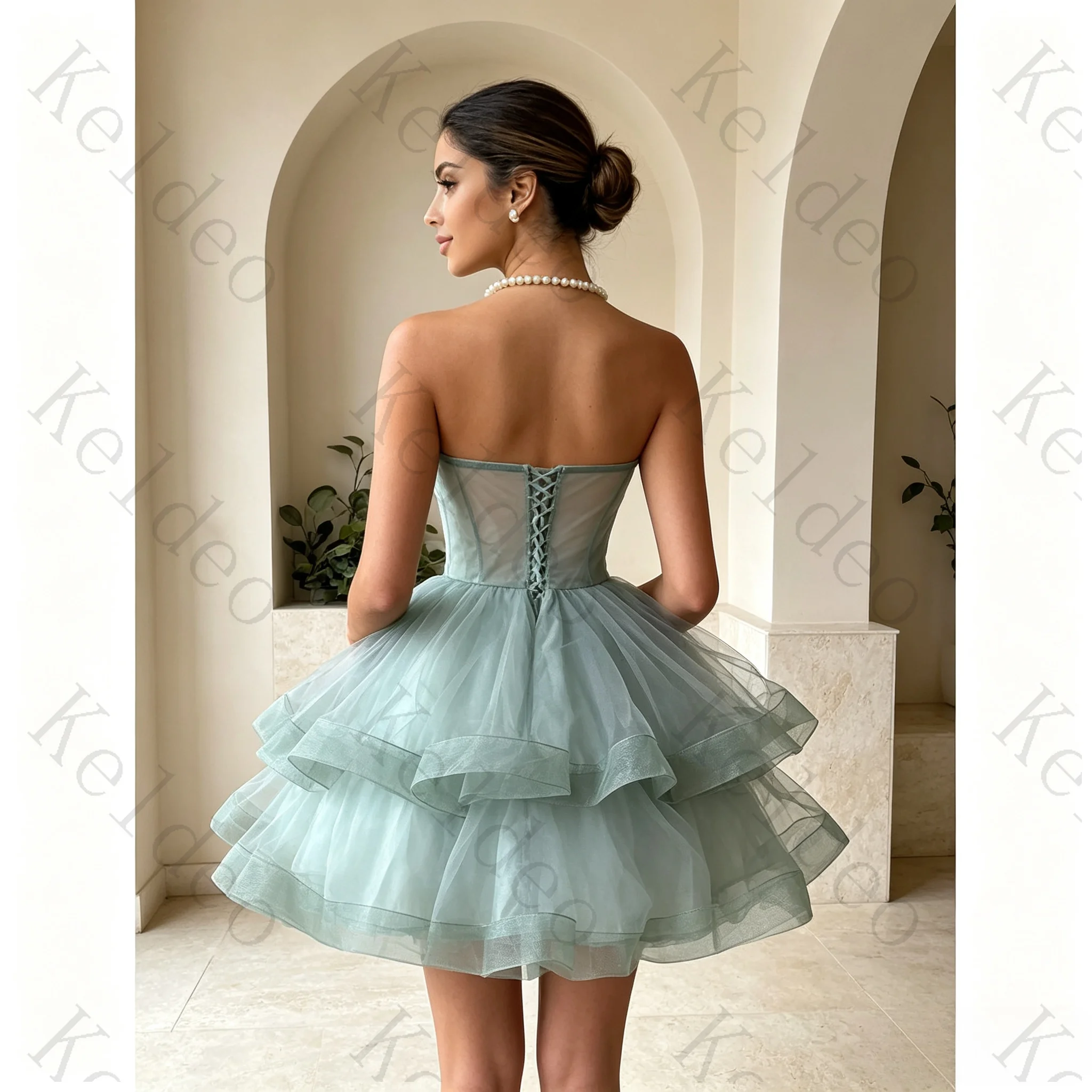 Customized Women's Blush Green Mini Ball Gown Tiered Prom Dress Short Sleeves Graduation Party Vestidos De Fiesta Elegant Chic