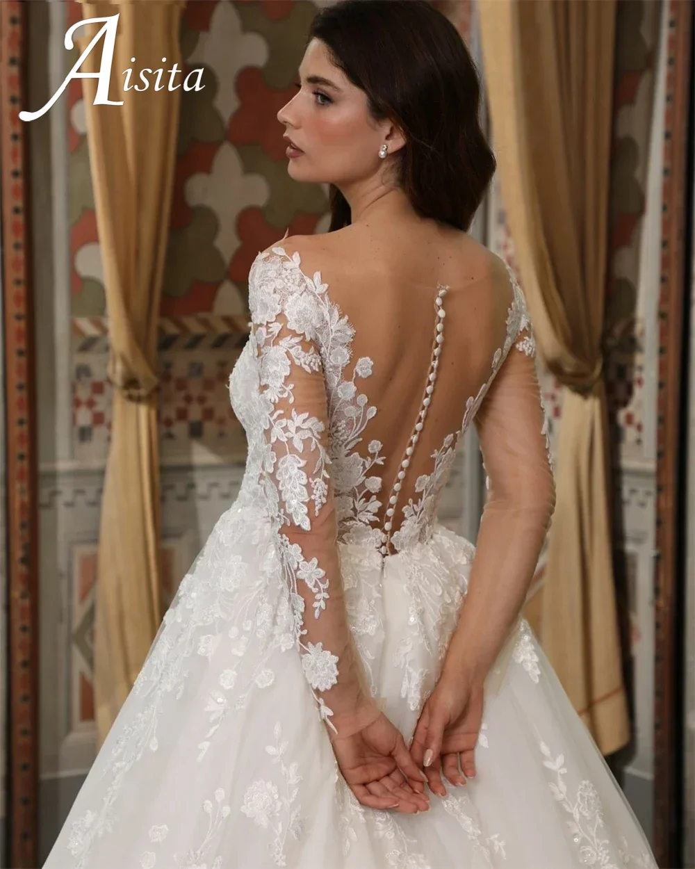 Prachtige V-hals Trouwjurken Lange Mouwen Baljurk Kant Applique Luxe Bruids Ruglooze A-lijn Vestido De Noiva Gewaad Mariee