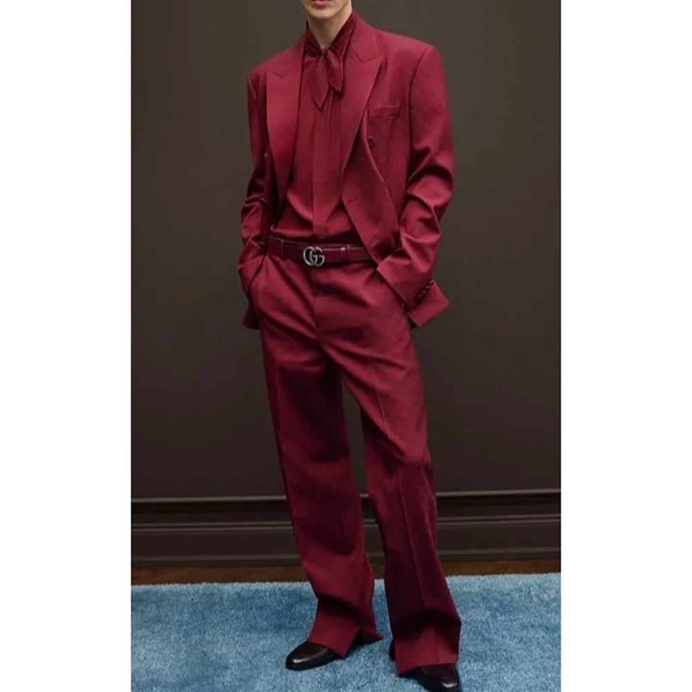 

New Arrive Red Stylish Men Suit Set 2 Pieces Jacket Pants Business Casual Travel Office Male Chic Outfits