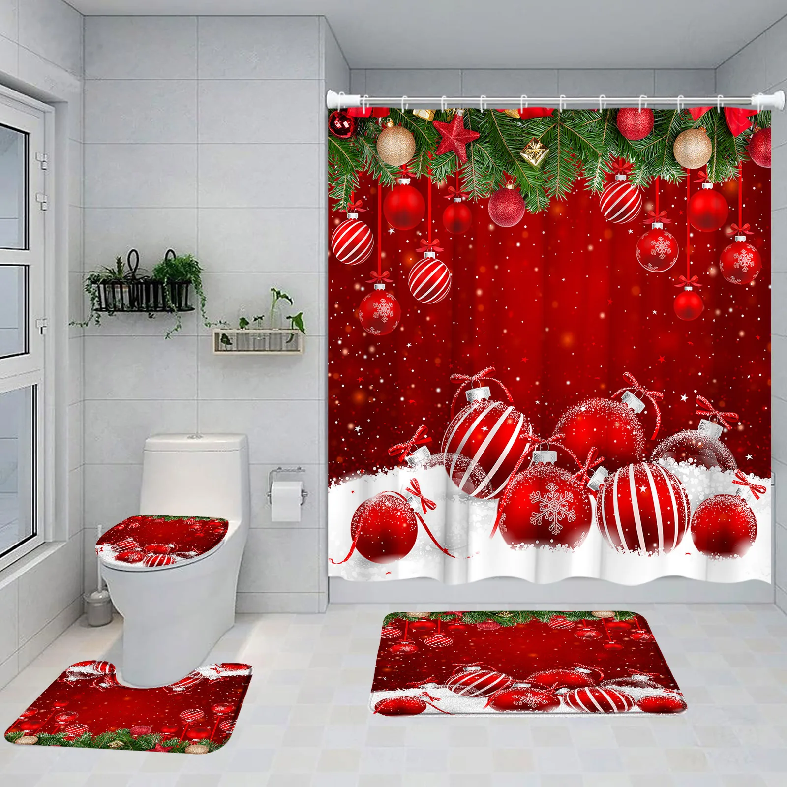 Christmas Shower Curtains Set Cute Snowman Blue Xmas Balls Fir Branches New Year Bathroom Decor Non-Slip Rug Bath Mat Toilet Lid