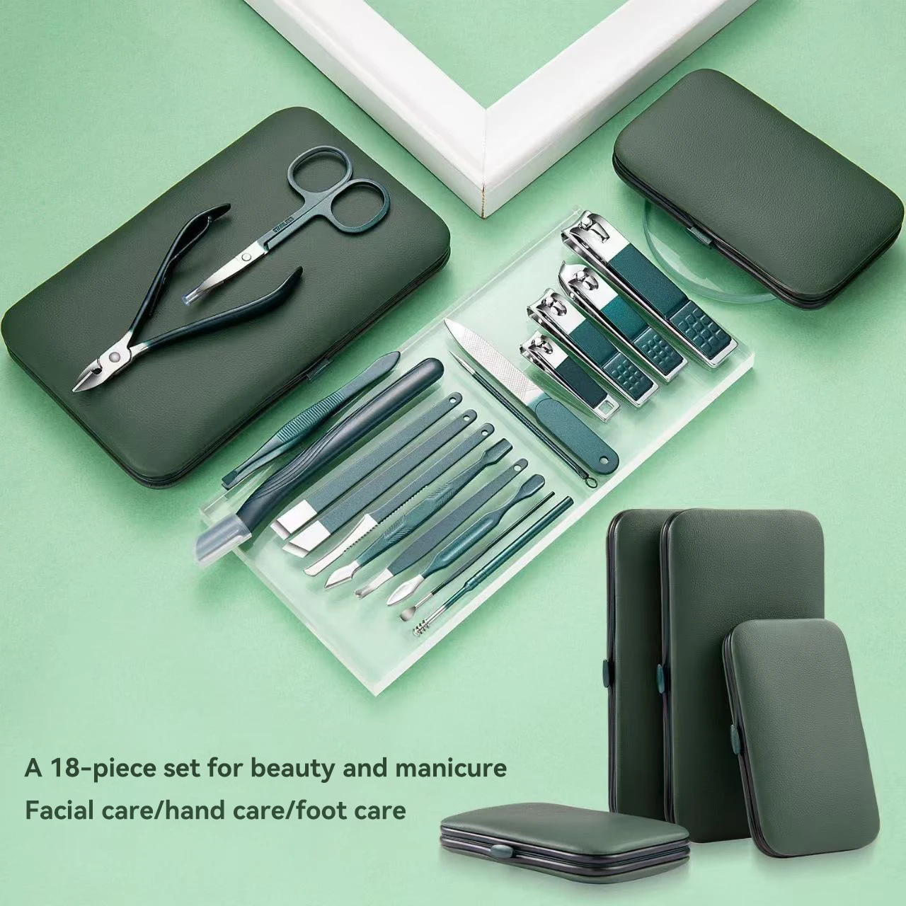 Nail clipper set, home nail clippers, dark green 18-piece set, pedicure, exfoliation and nail care tools