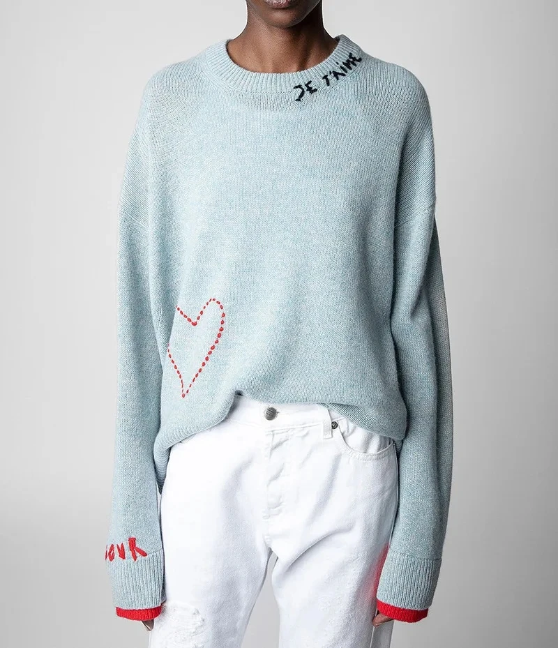 Super chic Letter Embroidery Sweater WomenAutumn Winter Asymmetrical Hem Wool Pullover Streetwear Sweaters Jumpers Female
