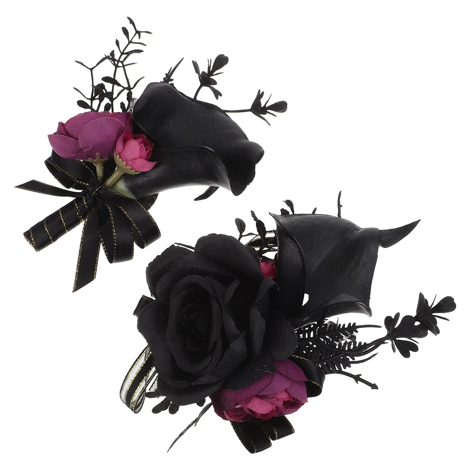 1Set Gothic Style Wedding Corsage Boutonniere Black Artificial Rose Wristlet Band Matching Floral Accessory for Bride Groom