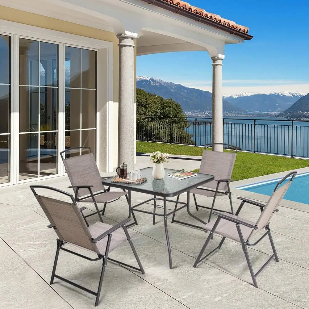 Crestlive Products 5-piece terrace dining set with 4 folding chairs and table, featuring a glass tabletop with umbrella holes