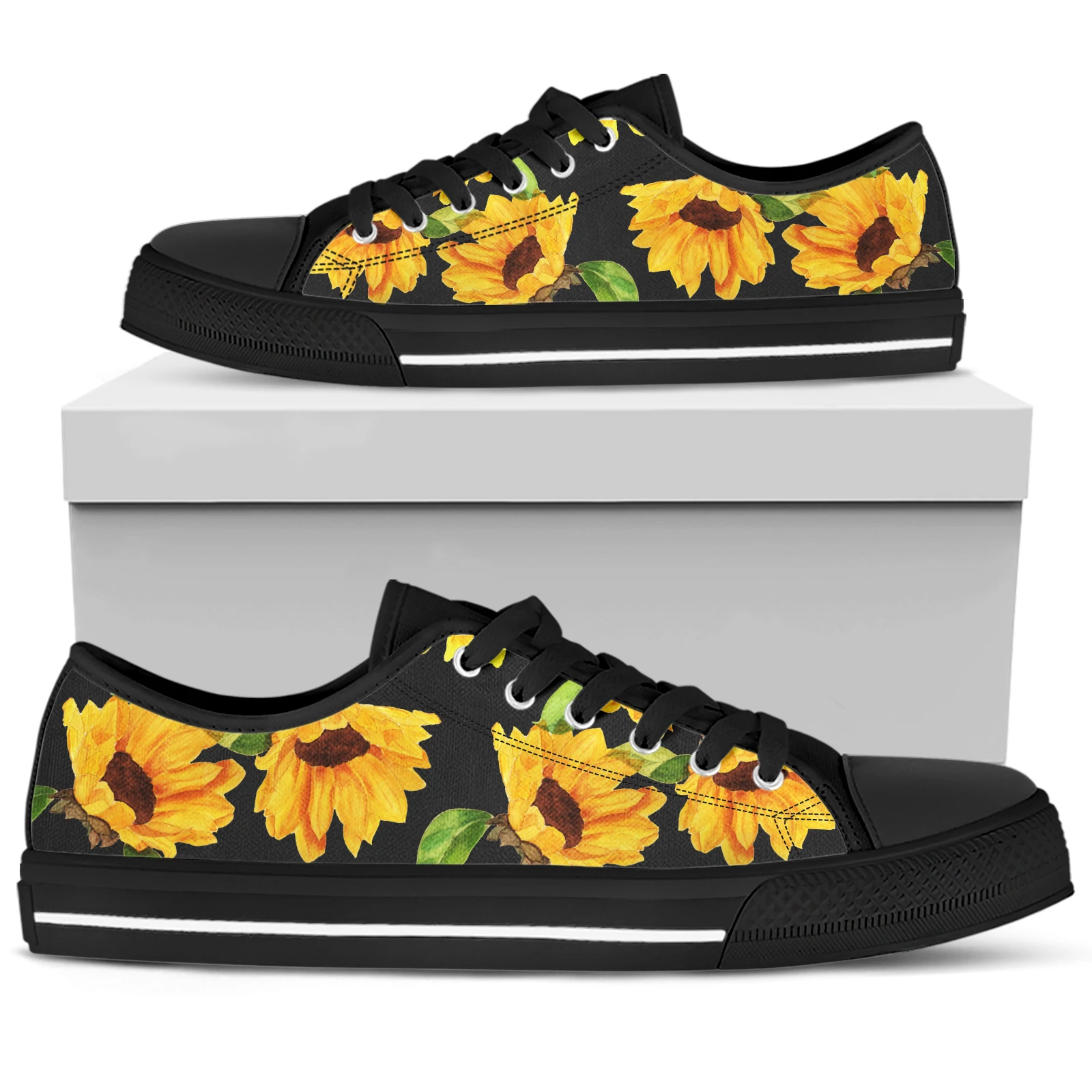 ELVISWORDS Sunflower Shoes For Women Black Soft Sole Floral Sneakers Comfortable Lace-up Summer Sneakers Zapatos Planos De Mujer