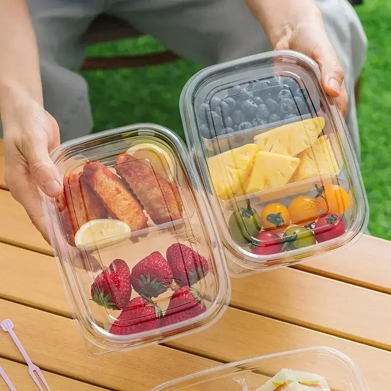 50pcs Disposable Fruit Meal Box Picnic Sushi Plastic Partition Type Bento Bowl 2/3/4 Grid Transparent Food Grade Packaging Boxes