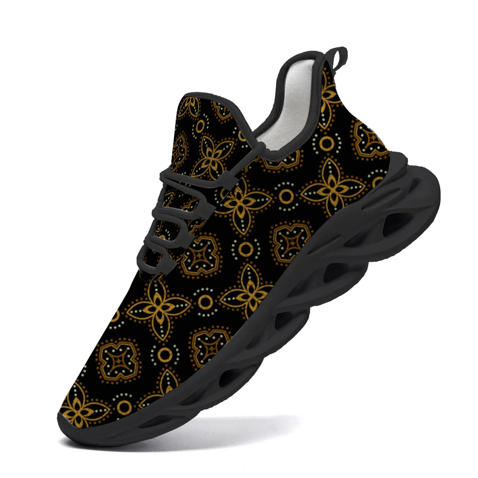 Gold pattern print casual sneakers feature a lightweight mesh upper and are suitable for both men and women
