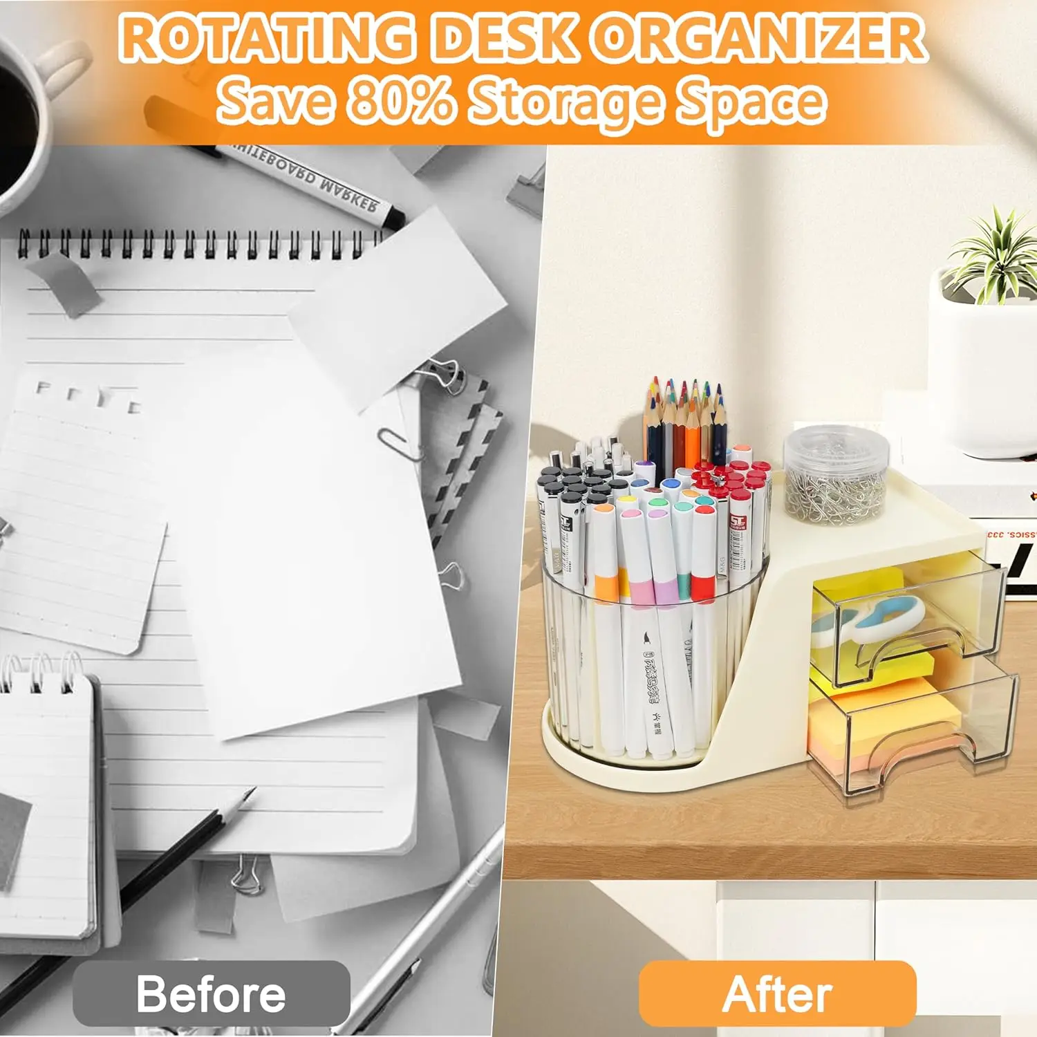 Rotating Pen Holder Large Capacity Desk Organzier with 2 Drawers 4 Compartments Plastic Makeup Organizer Countertop Desk Drawer 