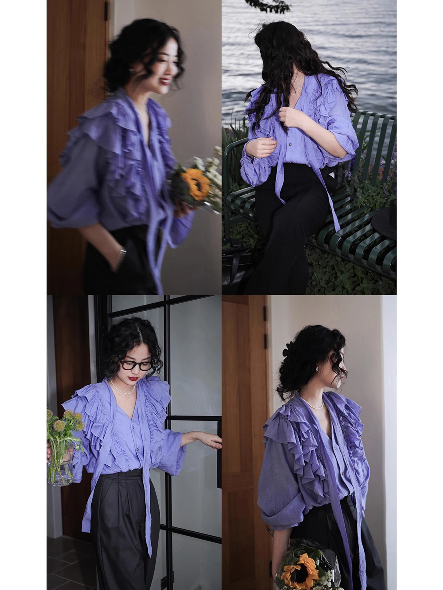 Clothland Women Sweet Ruffled Blouse Lace Tie V Neck Long Sleeve Loose Style Shirt Female Chic Tops Blusa Mujer LB336