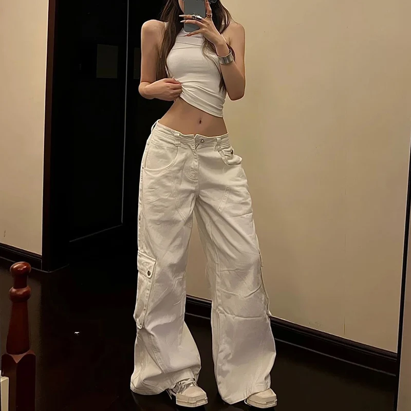 GIDYQ Y2k White Cargo Jeans Women American Vintage Jazz Dance Wide Leg Pants Streetwear High Waist Pockets Casual Baggy Joggers