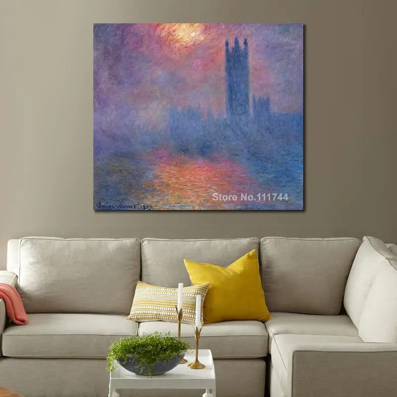 

Canvas Art Oil Painting of Landscapes Houses of Parliament London Sunset Through by Claude Monet Artwork Handmade High Quality