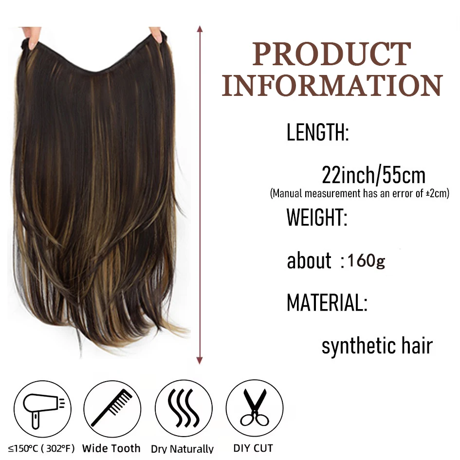 Synthetic 55CM V-shaped Hair Extension Piece Wig Long Straight Hair Female Natural Connection Seamless Clip Hair Wig Piece