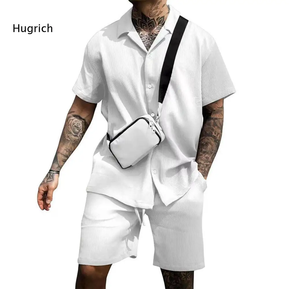 Mens Daily Casual Two Piece Suit Waffle Fabric Lapel Short Sleeve Button Shirt And Drawstring Elastic Waist Loose Casual Shorts