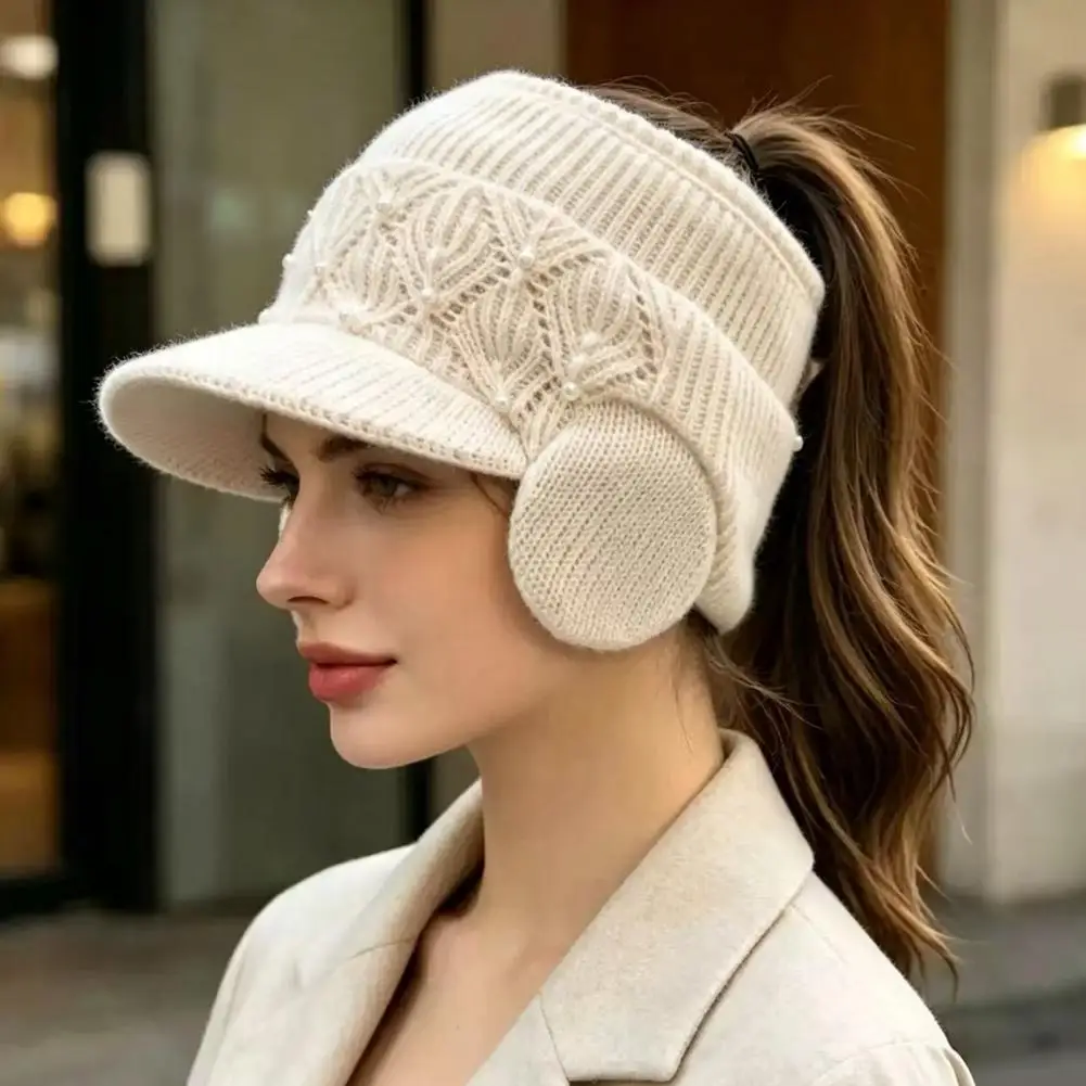 Warm Ear Protection Cap Autumn Winter Sports Visor Winter Ponytail Hat with Ear Flaps Women’s Knitted Peaked Cap for Outdoor