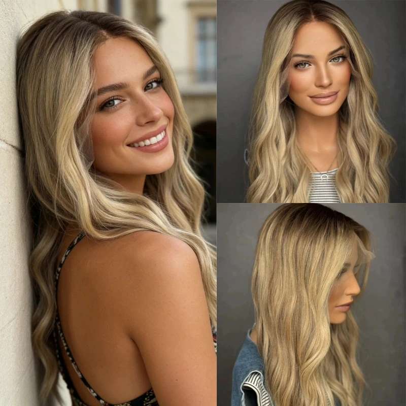 

Синтетический парик Balayage 13x4 Ombre с золотисто-русым и коричневым оттенками, с кружевной передней частью, для женщин, с естественной линией роста волос, для вечеринок, повседневной носки и косплея