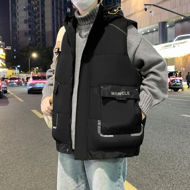 Autumn and Winter Men's Large Vest Korean Edition Sleeveless Thick Down Cotton Warm Men's Hooded Large Vest