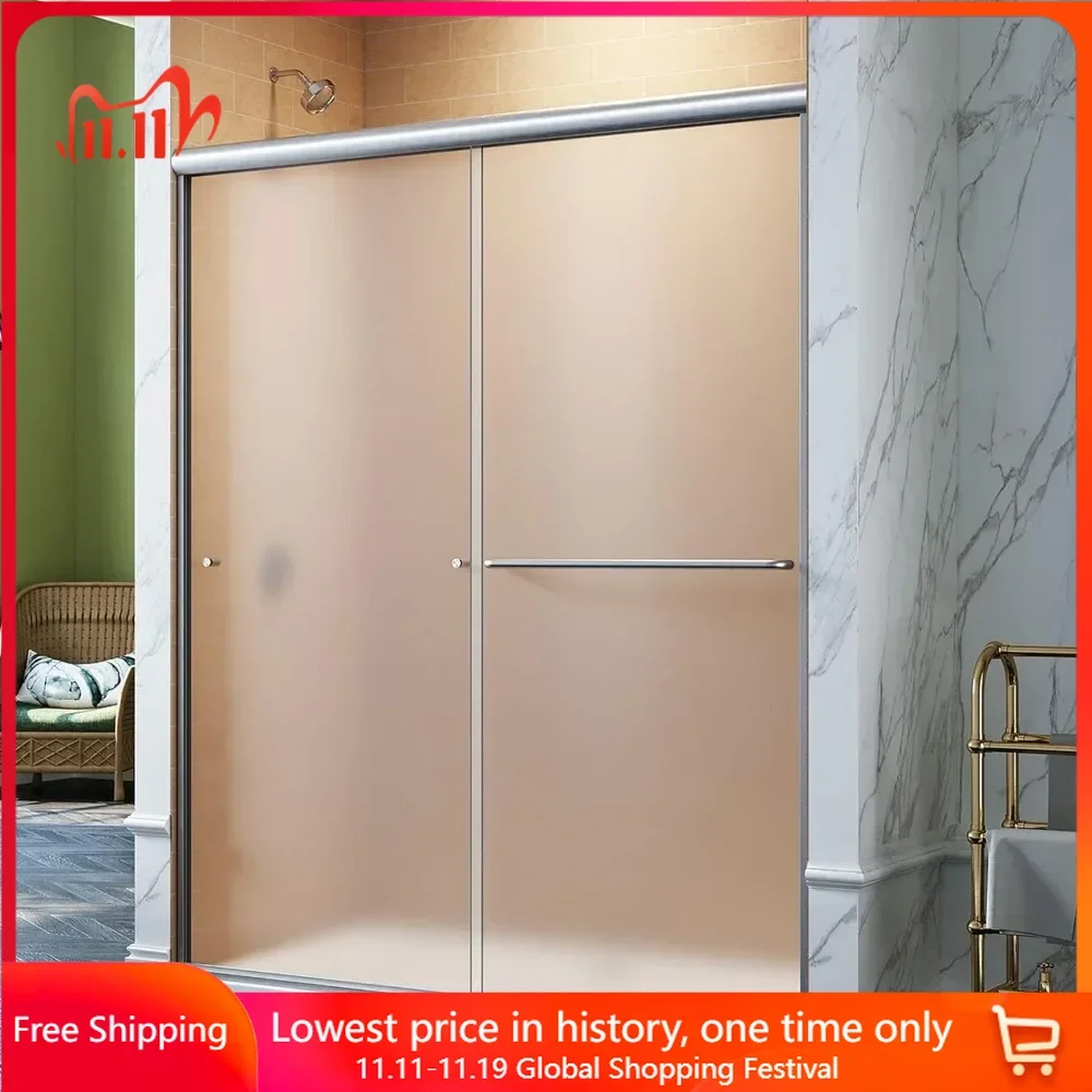 60 in W X 72 in. H Shower Doors, 1/4 Inch Frosted Glass, Brushed Nickel Finish, Semi-Frameless 2 Sliding Shower Doors