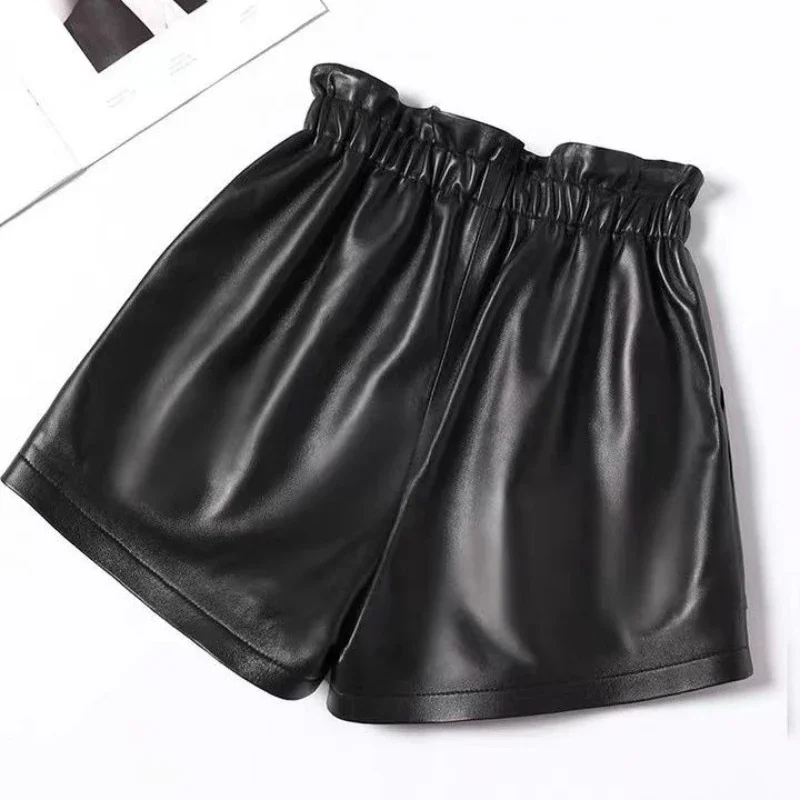 Imagem -03 - Mulher Elástica Cintura Alta Shorts Feminino Solto Calções de Couro Genuíno Senhoras Streetwear Casual Perna Larga Shorts de Couro Calças G283