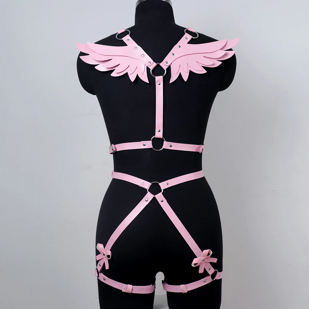 Traje de arnés de alas de Ángel de cuero rosa para mujer, liguero gótico, correa de tirantes, lencería Sexy, accesorios, traje de Festival Rave