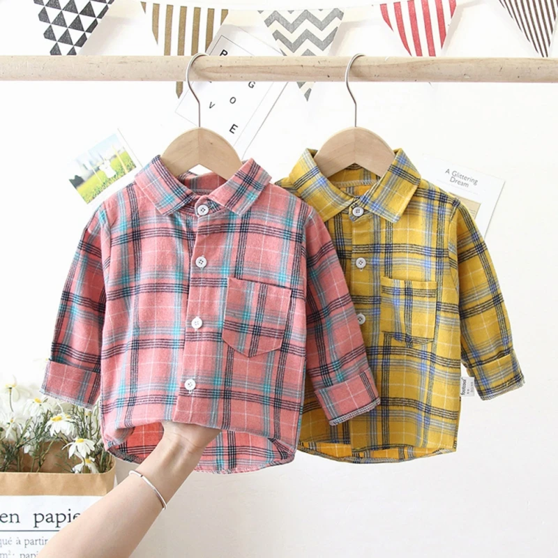 Children Shirts Girls Boys Fashion Shirts Kids Cotton Plaid Tops Spring and Autumn Long-Sleeved Lapel Neck Casual Blouses