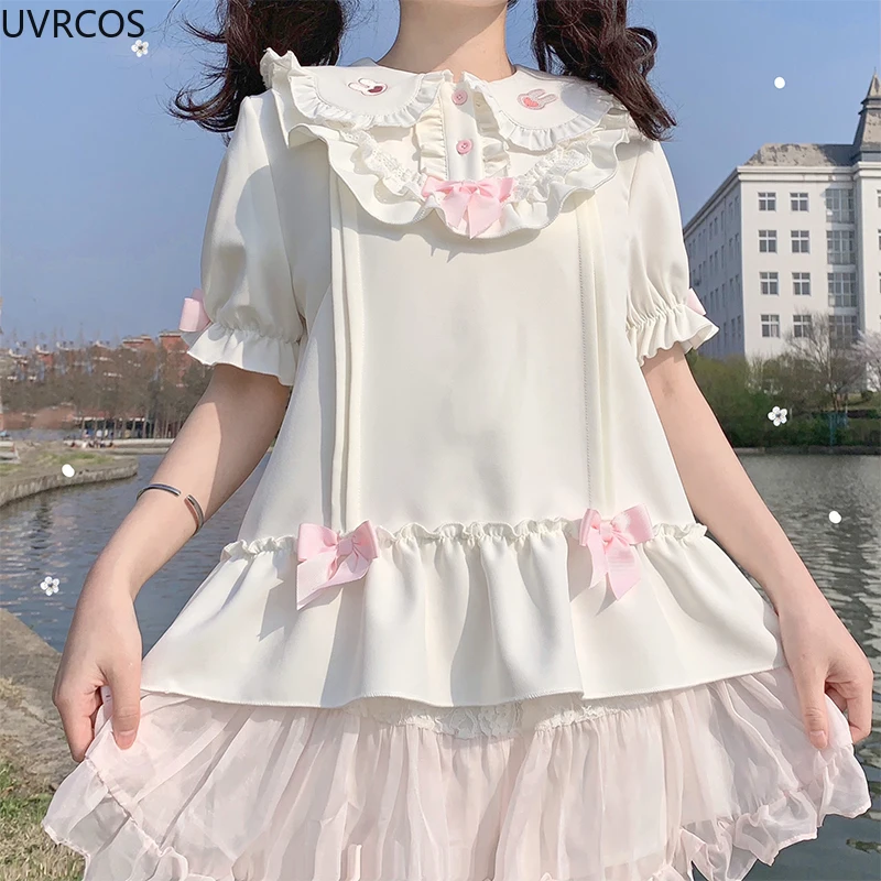 Pink Sweet Loluta Style Women Blouse Bunny Ear Peter Pan Collar Ruffles Casual Tops Summer Short Sleeve Rabbit Embroidery Shirts