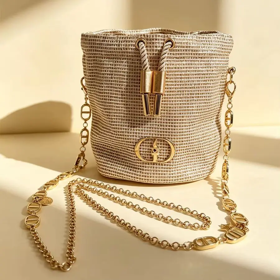 Dior’s bag Sparkling Woven Texture Bucket Bag Multi-functional Cosmetic Storage Bag Elegant Portable Makeup Organizer Suitable F