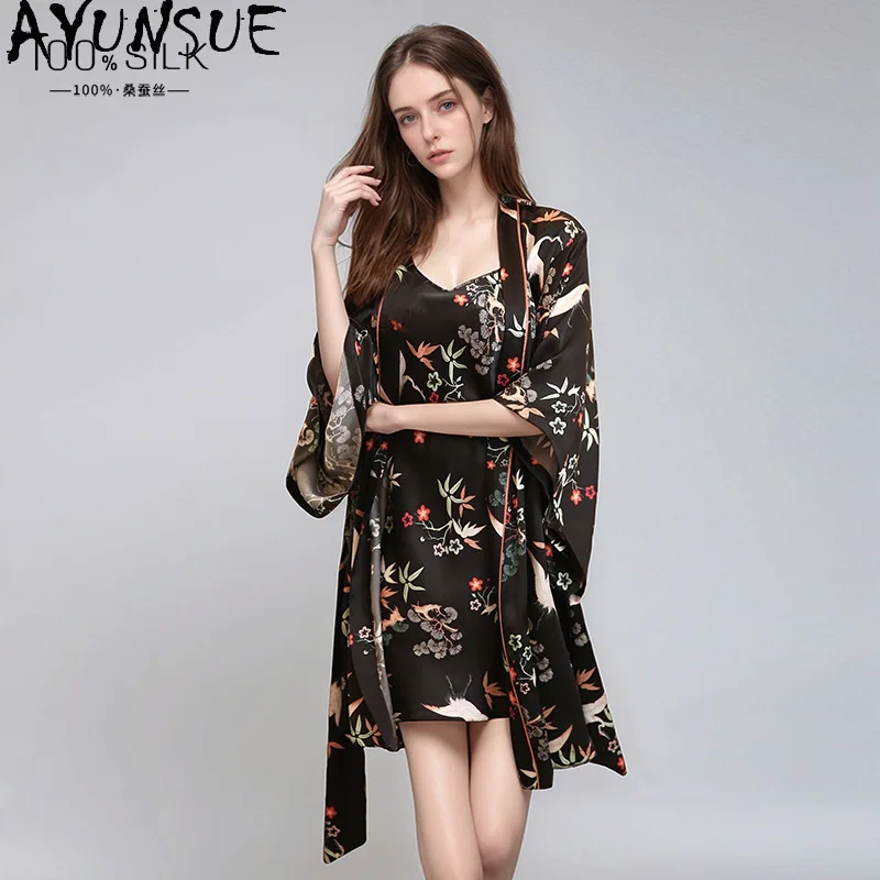 AYUNSUE 100% Silk Women's Pajamas and Robes 2 Piece Set Short Dress Floral Womens Matching Sets Pajamas for Women Пижама Женская